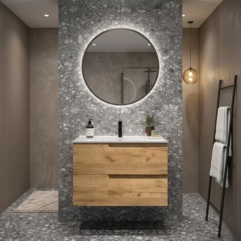 Meuble de salle de bain suspendu 60 cm avec 2 tiroirs et lavabo inclus Chêne Afrique – Gena