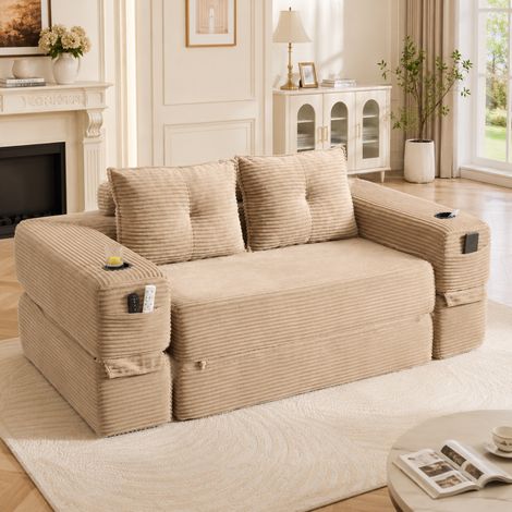 Divano letto 180x98x80 cm, in corduroy a righe, con tasche laterali, portabevande, cuscini memory, khaki (1/5)