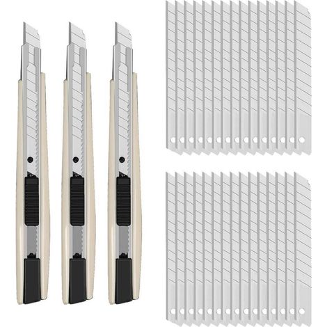 3er Set Cuttermesser 9mm mit 30 Abbrechklingen, Profi Cutter für Folien, Papier, Basteln
