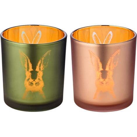 Lot de 2 Photophores en Verre Motif Lapin Doré Vert et Rose pour Bougie Chauffe-Plat H 8 cm - PANGIVO (1/5)
