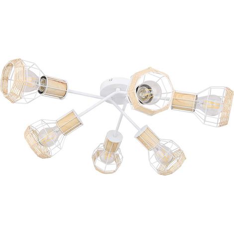 Deckenleuchte Strahler 6 Flammig Spotleuchte Käfigschirme Deckenlampe weiß Bast, Metall, natur, 6x E27 Fassungen, DxH 70x24 cm
