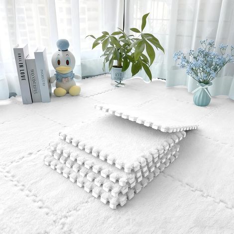 Puzzle-Fußmatten – 12er-Set – EVA-Schaum und Plüsch – zum Zusammenstecken – für Wohnzimmer und Kinderzimmer – Weiß – 30 x 30 cm (1/5)