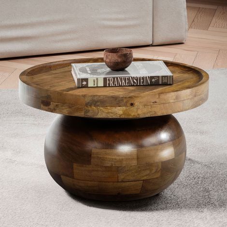 Table basse ronde 50x30,5 cm en bois de manguier massif verni (1/5)