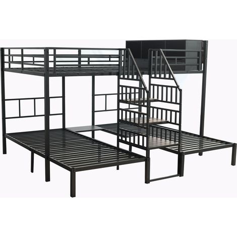 Letto a castello in metallo nero 3 posti con scale e contenitori 90x200/140x200 cm HOMVRA (1/5)