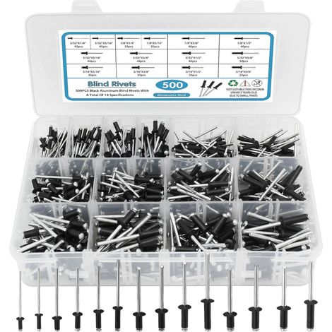 Kit d'assortiment de 500 rivets noirs, rivets pop, 14 tailles SAE, rivets en aluminium (3/32', 1/8', 5/32', 3/16') (1/5)