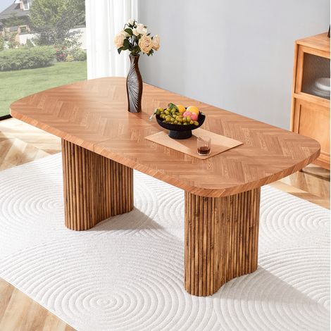 Mesa de comedor 180x90 cm en acabado nogal con base arqueada, estilo moderno y versátil (1/5)