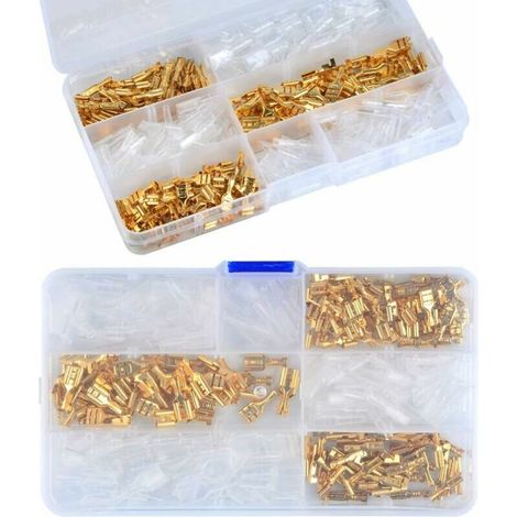 Cosses à Sertir en Laiton 2.8/4.8/6.3mm 150PCS Cosse Electrique à Sertir Fastons Assortis avec Isolation Manches Connecteur Cosse Femelle Anti-oxydation Anti-fissuration pour Moto Bateau Voiture (1/4)
