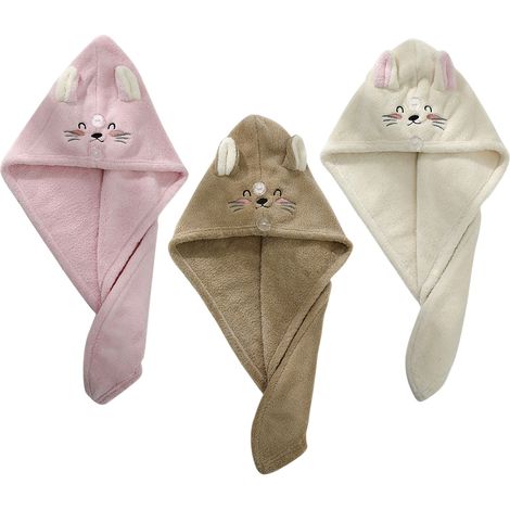 Lot de 3 Serviette cheveux, Microfibre, Motif chat, Cordon élastique, Pour femmes et filles (1/5)