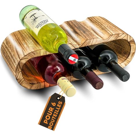 Casier à vin en Bois Rustique - Porte-Bouteilles pour 6 Bouteilles, 2 étages - Design Intemporel, Bois Doux huilé - Casier à Bouteilles étroit pour Cuisine, Salle à Manger, Salon (1/5)