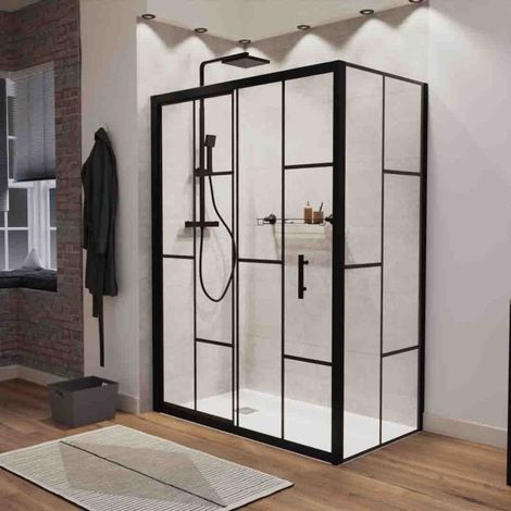 Paroi de douche d'angle effet verrière ATELIA avec porte coulissante 140 cm x 80 cm (1/4)