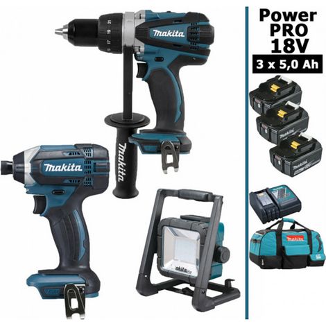 Pack Power PRO 18V: Perceuse 91Nm DDF458 + Visseuse à chocs 165Nm DTD152 + Lampe de chantier LED 750lm + 3 batt 5Ah + sac MAKITA (1/5)
