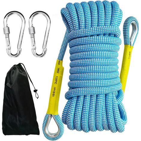 Corde Statique 8mm 5m – Kit de Sécurité pour Corde d'escalade 2 mousquetons acier + sac. Usages : alpinisme, camping, sauvetage – Bleu (1/5)
