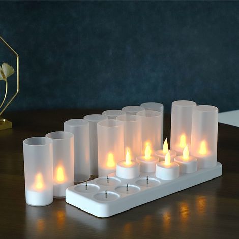 Lot de 12 Bougie LED Rechargeable Bougie Électrique LED Flamme Vacillante avec Station de Charge Décoration pour Noël Anniversaire Mariage Dîner Votive Table Café Bar Restaurant Hôtel (1/5)