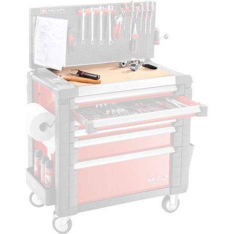 Facom – Plan de travail en bois hêtre 15mm – Servante roulante avec 2 tiroirs – Charge maximale 300kg – Fixation par vis