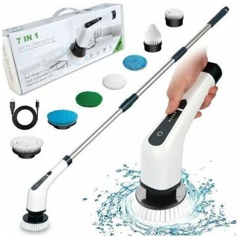 Brosse de Nettoyage électrique sans Fil, Brosse de Nettoyage sans Fil avec 7 têtes de Brosse remplaables, vadrouille électrique avec poignée réglable pour Salle de Bain, Cuisine, Voiture (Blanc (1/5)
