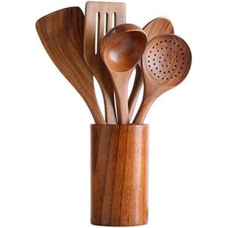 Juego de utensilios de cocina de madera natural: cucharas, cucharones, espátulas y utensilios antiadherentes de mango largo (5+1 piezas). (1/5)