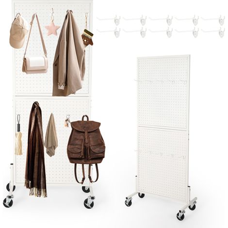Présentoir pegboard métal sur roulettes 61x152 cm – Base en T robuste – 10 crochets inclus – Hauteur réglable – Pour magasins, marchés, ateliers, rangement maison – Blanc (1/5)