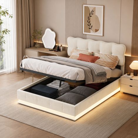 Lit coffre 140×190 cm,lumière LED,lit double capitonné,rangement hydraulique,cadre de lit 140×190,tête de lit réglable,style moderne,sommier à lattes,lit adulte,lit ados,Velours,Beige (1/5)