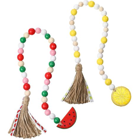 Guirlande En Bois Fruits - Citron Pastèque - Pompons En Jute Rustique - Décoration Intérieure Été - 2 Pièces 63,5 Cm