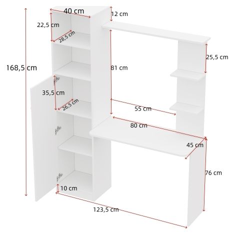 Bureau droit avec rangement intégré et étagères – Dimensions 123,5 x 45 x 168,5 cm, blanc – Poste de travail complet et organisé (1/5)