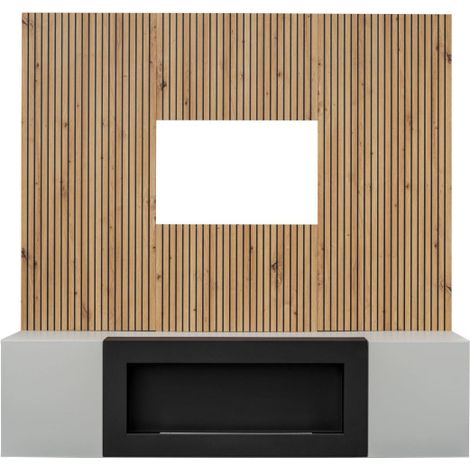 Ensemble meuble TV mural Xari L2-K avec cheminée bioéthanol - Bois MDF gris perle et chêne artisan - 160 x 158 x 40 cm - Livraison gratuite (1/5)