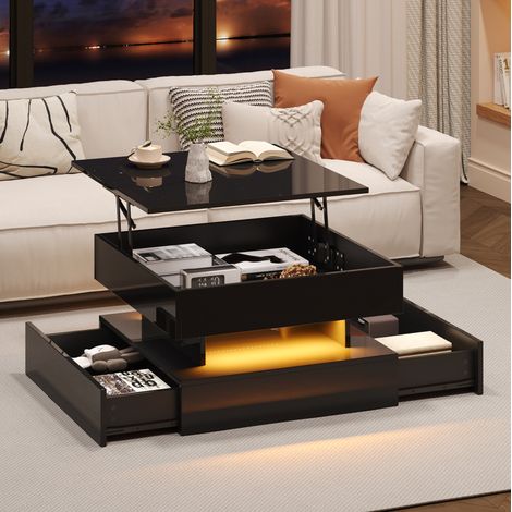 Table basse relevable 65x65x38,5 cm noir avec LED et 2 tiroirs, panneaux de particules MEUBLIV (1/5)