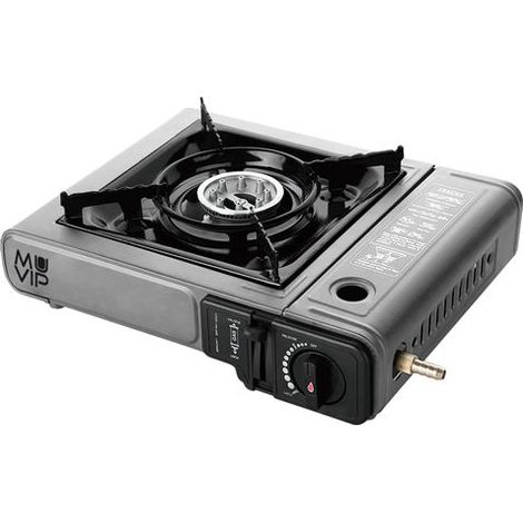 Cuisinière à gaz portable Muvip 1 brûleur avec adaptateur pour bouteille externe - Allumage automatique - Brûleur en aluminium - Valve à double étanchéité - Valise de transport