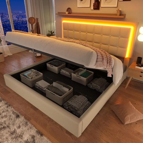 Lit double capitonné avec sommier à lattes et espace de rangement, incluant une bande lumineuse LED, dimensions du cadre de lit : 180 x 200 cm, lit coffre, lit fonctionnel