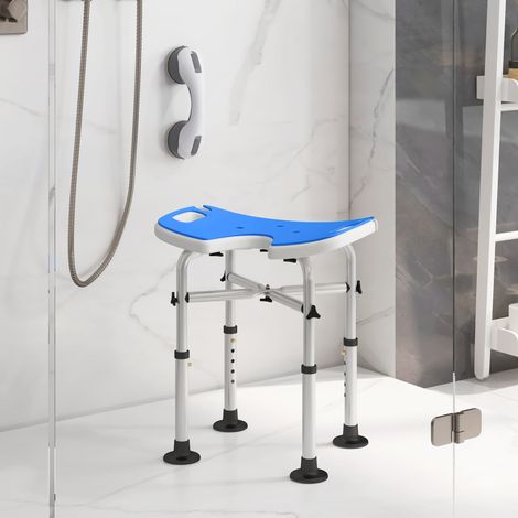 Silla de Ducha Antideslizante con Barra de Agarre con Ventosas Altura Regulable y Asiento en Forma de U Azul