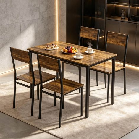 Ensemble table et chaises de salle à manger 5 pièces, style industriel, noir et brun HAVRYA (1/5)