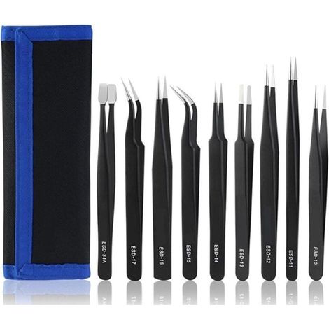 9 Pièces Pince de Precision, Anti-statique Pince Brucelle ESD de Précision Entretien Outils Kit, pour Réparation Composant Electronique (1/5)