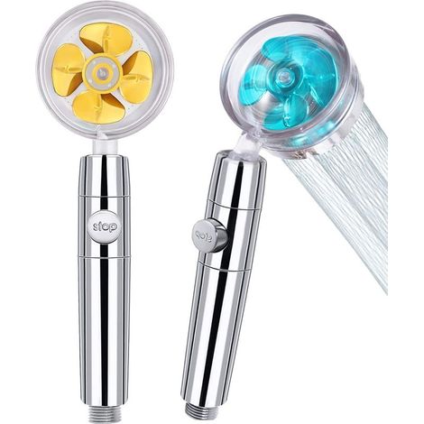 Lot de 2 pommeaux de douche haute pression avec filtre à hélice turbocompressée et interrupteur de pause rotatif à 360 degrés bleu et or (1/5)