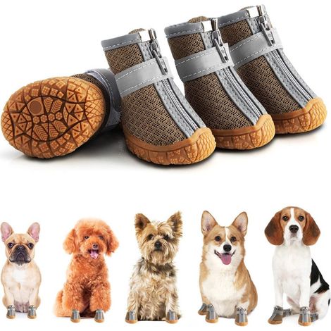 Atmungsaktive Mesh-Stiefel für kleine Hunde mit reflektierenden Streifen und rutschfesten Sohlen, ideal für warmen Asphalt, Schnee und Spaziergänge im Freien, braun, Größe 1 (1/5)
