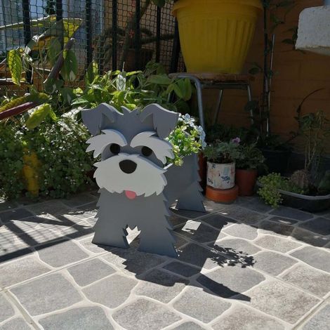 Niedliche, cartoonartige, hundeförmige Topfpflanze aus Holz für den Garten oder als Gartendekoration (Schnauzer). (1/5)