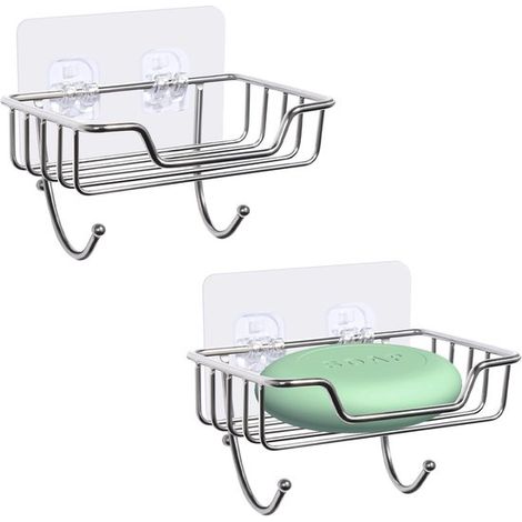 Juego de 2 jaboneras de acero inoxidable 304, soportes de jabón de pared – sin taladro – montaje en pared – para baño y cocina (1/5)