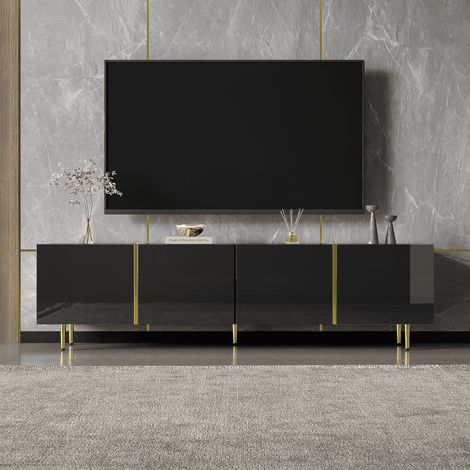 Meuble TV 170 cm, banc TV bas avec 4 portes battantes, charnières amortissantes, MDF, pour salon, noir brillant et doré (1/5)