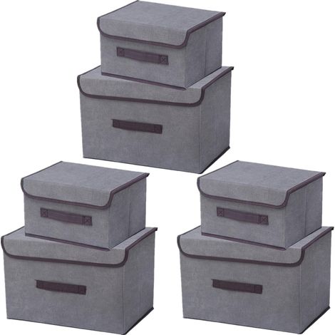 6 Boîtes de rangement tissu avec couvercle, pliables, pour placards, vêtements et jouets, gris