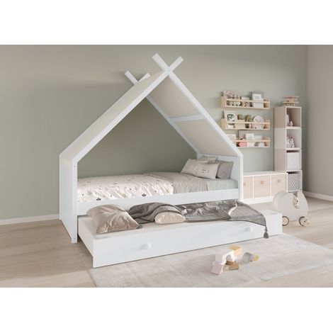 Lit gigogne cabane en bois blanc 90 x 190 cm LIMEO