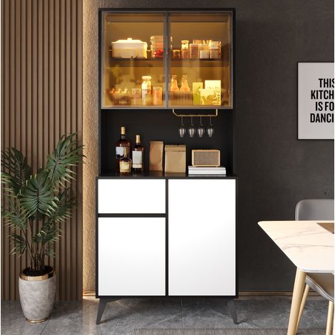 Aparador de almacenaje 80 x 40 x 180 cm en MDF, vitrina con LED, negro y blanco OKMYHOME (1/5)