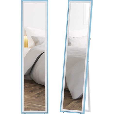 Miroir sur pied pleine longueur avec cadre en MDF, miroir mural rectangulaire à 2 modes d'utilisation, 37 x 4 x 157 cm, blanc et bleu (1/5)