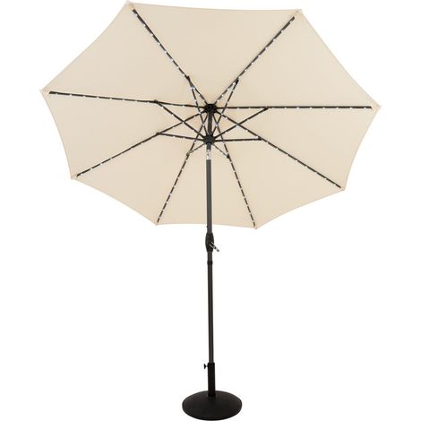 Parasol Inclinable Crème à LED Solaire 2,7 m & Socle en Béton Jardin Terrasse Extérieur Protection Aux UV Manivelle Ajustable 128 Ampoules LED Blanc Froid 8 Baleines [Housse de Pluie INCLUS]