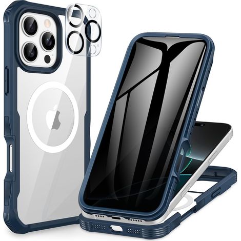 Magnétique Anti Espion Coque iPhone 16 Pro Max, Compatible avec MagSafe intégré Verre Trempé Protection écran et Protecteur Caméra, Antichoc Téléphone Housse Double Face Etui Intégrale -Bleu (1/5)