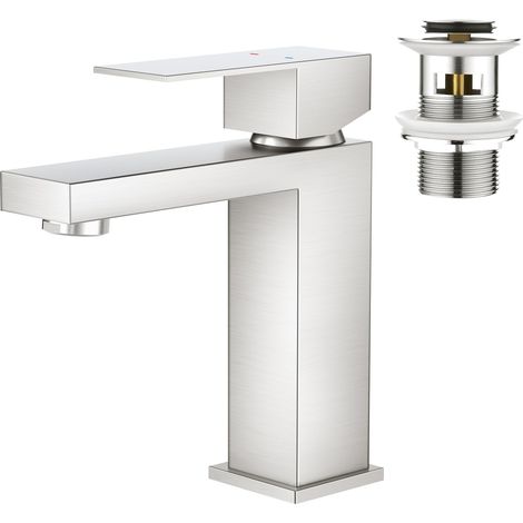 Mitigeur de lavabo carré pour lavabo avec bonde pop-up - Mitigeur monocommande - Robinet de lavabo - Robinet de salle de bain brossé (1/5)