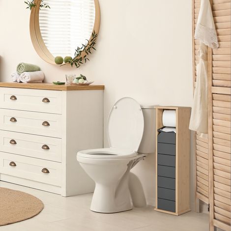Meuble de salle de bain avec porte-papier toilette intégré. Meuble de salle de bain gain de place avec étagère réglable en MDF et bambou. 18 x 18 x 75 cm. Coloris bambou et gris.