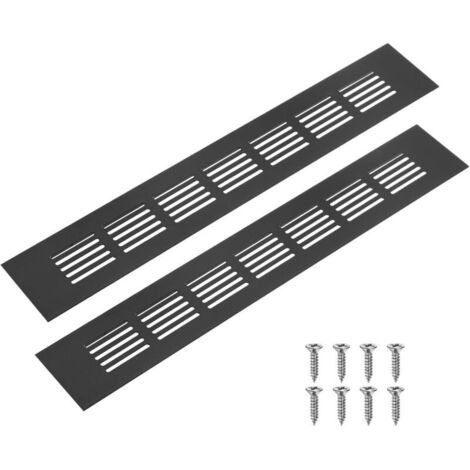 Lot de 2 grilles d'aération intérieures en alliage d'aluminium, 300 x 50 mm, pour armoires, penderies et meubles à chaussures, grilles rectangulaires avec 8 vis [Noir] (1/5)