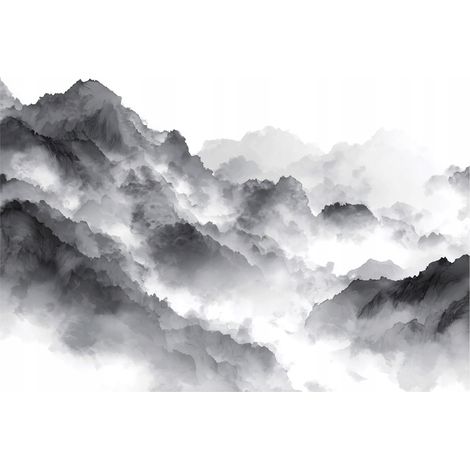 Fototapete Berge Nebel Grau Natur – Moderne Großformat Wandtapete 200x140 cm – Für Wohnzimmer & Schlafzimmer