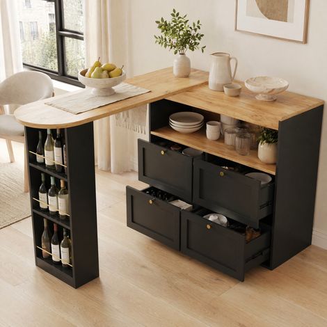 Mueble de almacenaje giratorio 360° de MDF, negro, con 4 cajones y estantes abiertos DESVIAE (1/5)