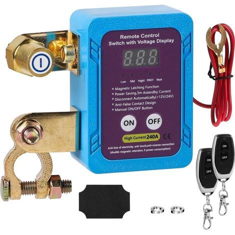 Interrupteur coupe-batterie 12 V pour voiture, avec 2 télécommandes, 240 A, avec indicateur de tension LED, antivol, pour voiture, bateau, camping-car, SUV, camion et alarme. (1/4)