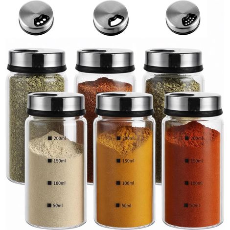 6 Pots à épices, Couvercle pivotant, Verre borosilicaté, 3 ouvertures, Cuisine et barbecue (1/5)