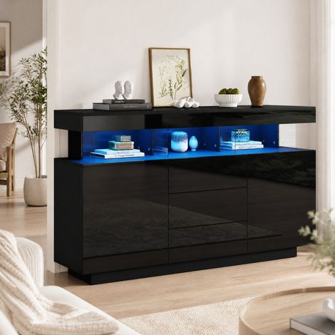 Credenza 140x35x80 cm, 3 cassetti e 2 ante con LED, finitura lucida, pannello in acrilico, truciolare nero (1/5)